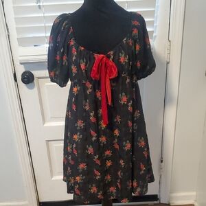 Floral Black Mini Dress with Red Accents